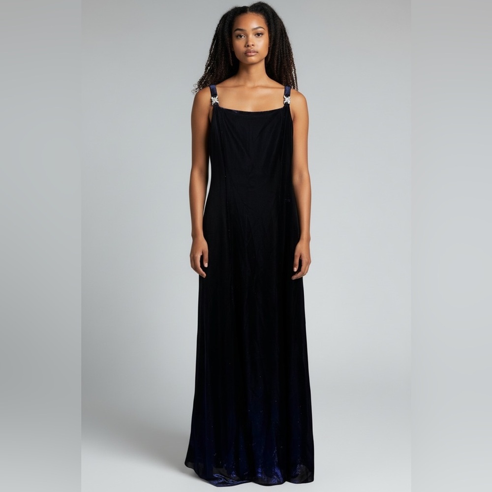 Betsy & Adam full length ombre metallic blue shimmer gown y2k rhinestone detail